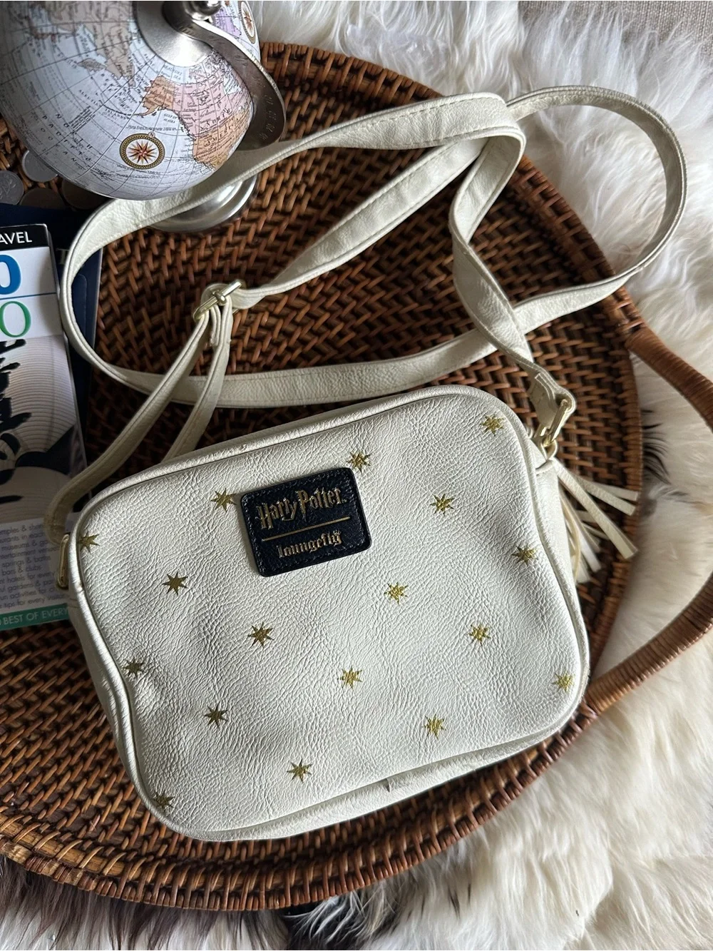 LOUNGEFLY Harry Potter Time Turner Cream Gold-Print Tassel Crossbody Bag